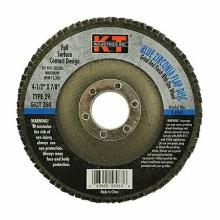 K-T INDUSTRIES Flap Disc, 4-1/2 in Dia, 7/8 in Arbor, 60 Grit, Zirconium Abrasive 5-6963